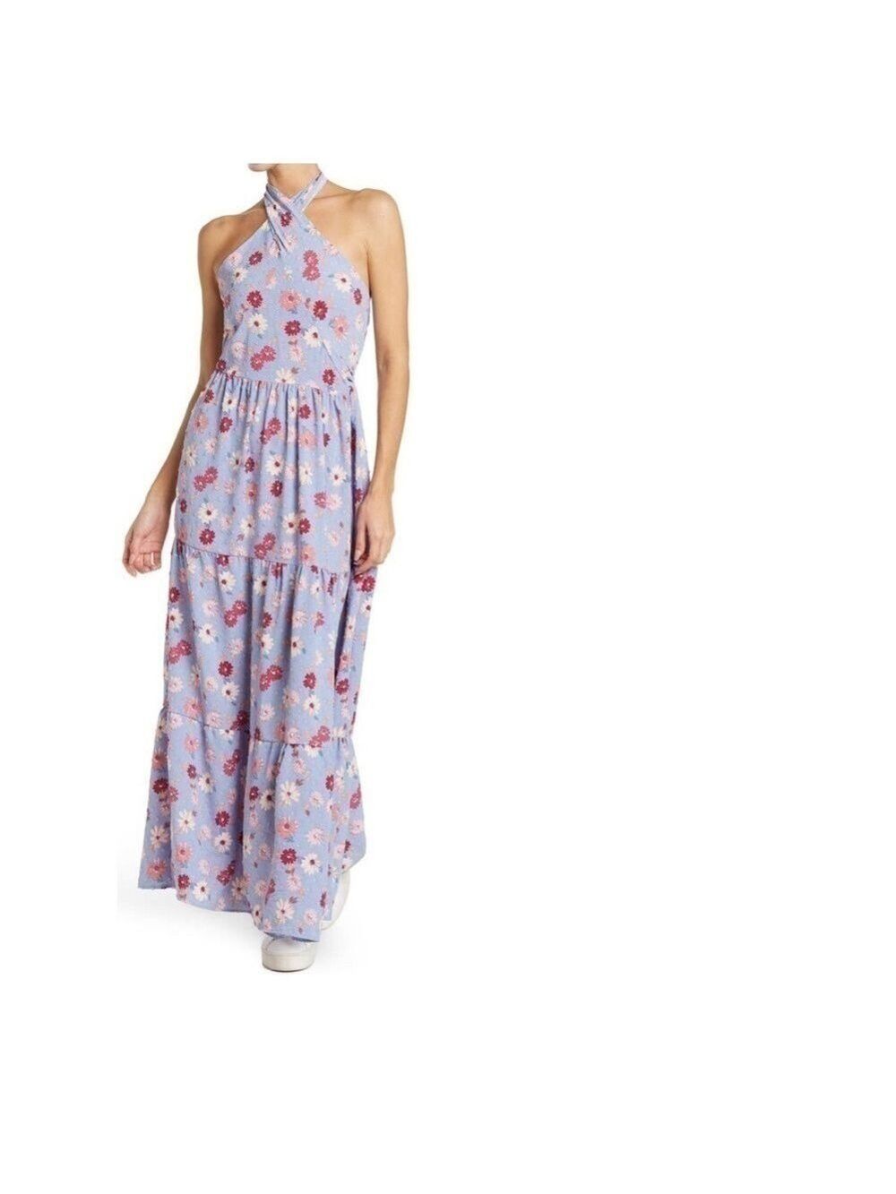 NEW-COTTON Emporium Bluish Purple, NeckTie, Floral, Halter, Maxi Summer Dress LG